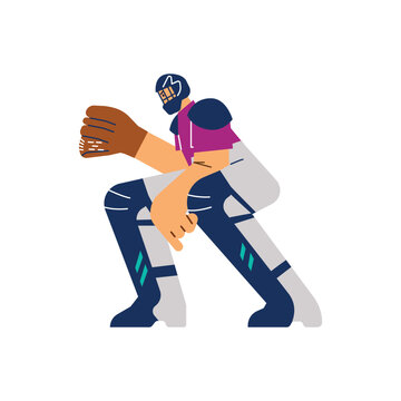 Serious baseball catcher in helmet and with glove flat style