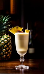 elegant cup of Piña colada cocktail in low key illumination created with Generative AI technology
