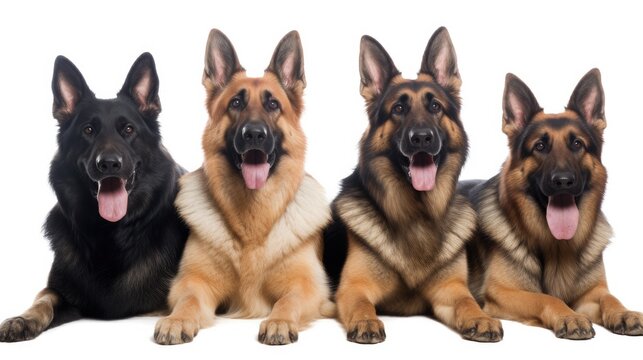 a group of 
German Shepards, with happy dispositions, healthy-looking, best friend, Pet-themed, horizontal format, photorealistic illustrations in a JPG. 10:4 aspect. Generative ai