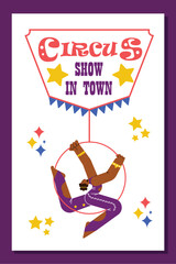 Poster or vertical banner with acrobat woman on hanging hoop flat style