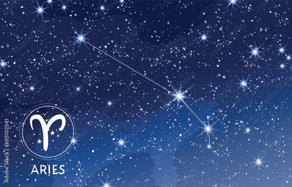 Wall mural aries constellation in blue night sky, zodiac sign, astrology banner for horoscope, modern astronomy