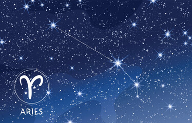 Aries constellation in blue night sky, zodiac sign, astrology banner for horoscope, modern astronomy card, mystical vector boho illustration. © Salomi art