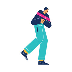 Man running pressing hands to his stomach, flat vector illustration isolated.