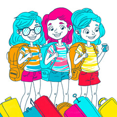 Three young travel girls with backpacks. Bright hand drawn poster.