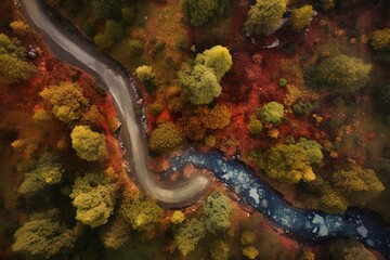 Obraz na płótnie Canvas Aerial wide angle shot flying over beautiful natural forest at day using generative AI