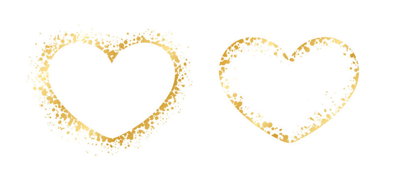 Abstract Heart Shaped Gold Ink Splatter Frame Set. Golden Valentines Day border template.