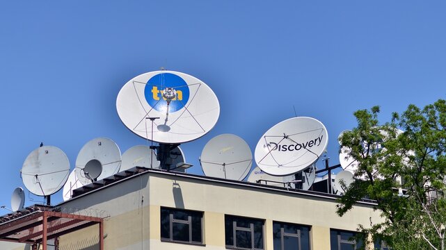 Warsaw, Poland. 21 May 2021. Satellite antennas on the roof of the building of the TVN Warner Bros. Discovery tv station.