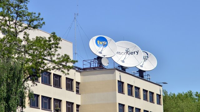 Warsaw, Poland. 21 May 2021. Satellite antennas on the roof of the building of the TVN Warner Bros. Discovery tv station.