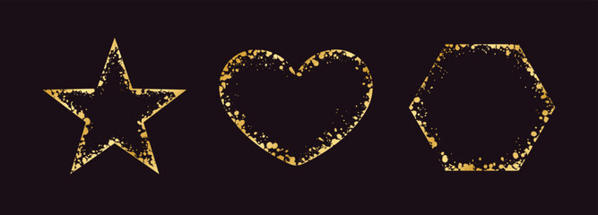 Abstract Gold Ink Splatter Frame Set. Golden foil spray geometric border template.