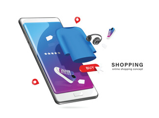 shirts, shoes, headphones, red order button, promotion tag, pin location all object floating on smartphone screen