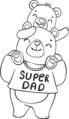Cute super Hero Daddy bear and happy baby bear father's day cartoon animal outline doodle drawing