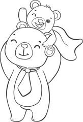 Cute super Hero Daddy bear and happy baby bear father's day cartoon animal outline doodle drawing