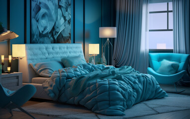Chic cyan bedroom design with unique lighting and artwork, Generative AI	