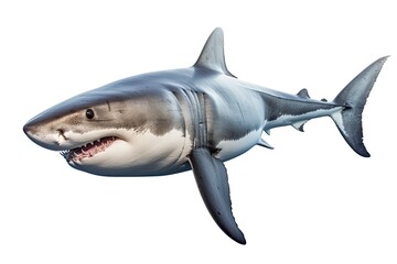 Fototapeta premium a Great White Shark, swimming, 3/4 view, Aquatic-themed, horizontal format, photorealistic illustrations on a transparent background cutout in PNG. Generative ai