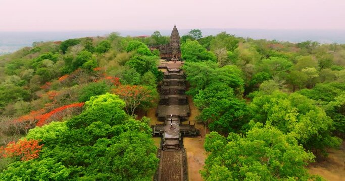An aerial view of the Hindu Khmer&nbsp;temple at Prasat Hin Phanom Rung, The most famous tourist attraction in Buriram, Thailand.