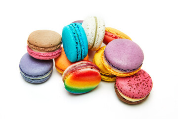 Fototapeta na wymiar Macarons of different flavors and different colors isolated on white background
