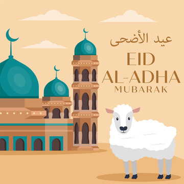 flat design eid al adha with mosque and sheep illustration