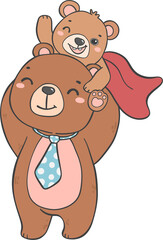 Cute super Hero Daddy bear and happy baby bear father's day cartoon animal character outline doodle drawing