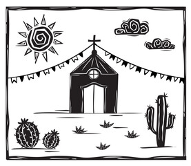 Small country church, sunny sky, Festa Junina decoration. Woodcut vector, in the Brazilian cordel style - obrazy, fototapety, plakaty