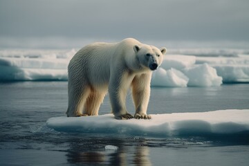 Obraz na płótnie Canvas A white bear standing on an ice block in the Arctic Ocean. Generative AI