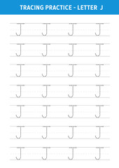 Alphabet Letter J Tracing Worksheet.Alphabet letters tracing worksheet with all alphabet letters.Developing skills of writing.A4 paper ready to print.