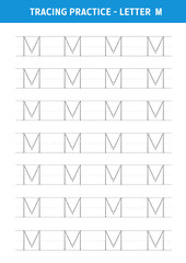 Alphabet Letter M Tracing Worksheet.Alphabet letters tracing worksheet with all alphabet letters.Developing skills of writing.A4 paper ready to print.