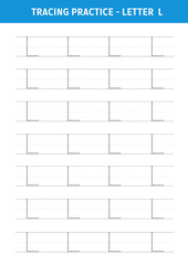 Alphabet Letter L Tracing Worksheet.Alphabet letters tracing worksheet with all alphabet letters.Developing skills of writing.A4 paper ready to print.