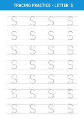 Alphabet Letter S Tracing Worksheet.Alphabet letters tracing worksheet with all alphabet letters.Developing skills of writing.A4 paper ready to print.