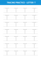 Alphabet Letter T Tracing Worksheet.Alphabet letters tracing worksheet with all alphabet letters.Developing skills of writing.A4 paper ready to print.