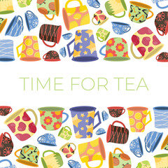 tea cups, horizontal background . vintage teacup collection, tea ceremony. mugs with fruits, flowers, lines, hand drawn patterns. vector cartoon flat illustration