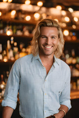 Fototapeta premium ai-generated, illustration of a handsome fictional male bartender set against a bar background