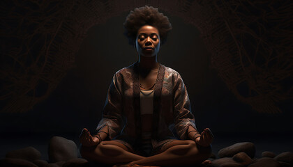 Black woman meditating in dark night black background, generative ai - obrazy, fototapety, plakaty