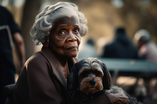 Black woman in her 70s sitting on a park bench with her dog looking sad, generative ai