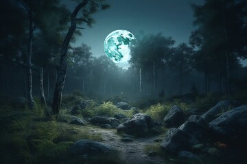 Obraz na płótnie Canvas Landscape painting of full moon and forest. Generative AI
