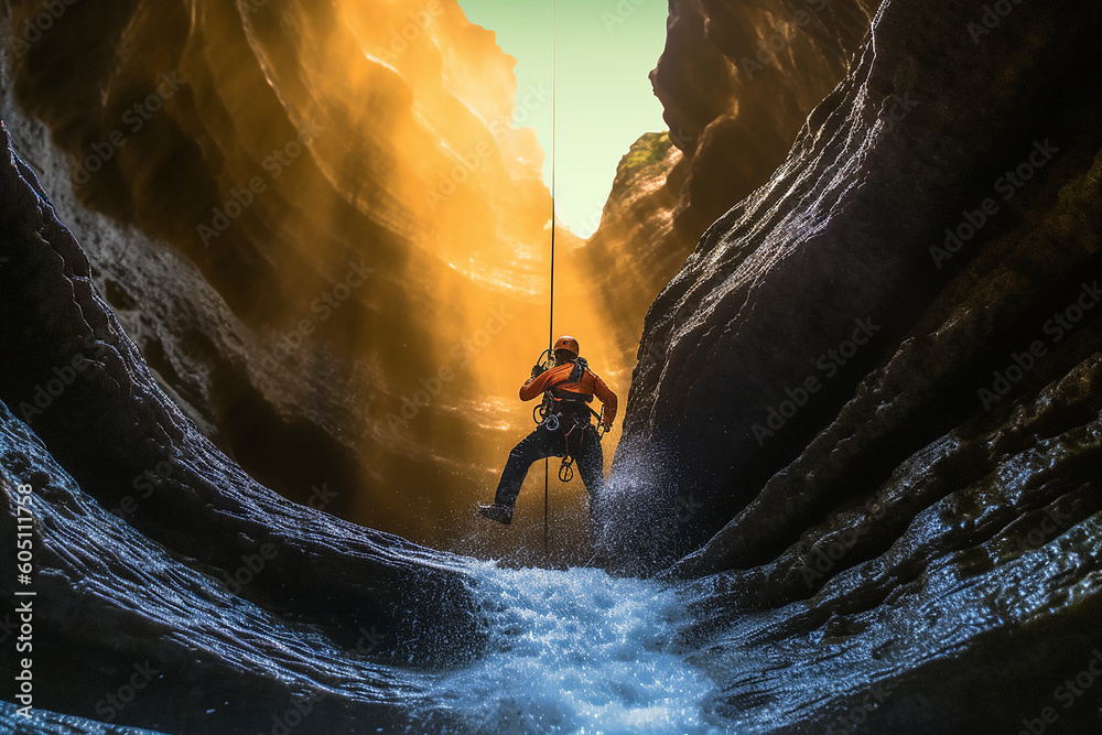 Wall mural A man canyoning in the cliff near the waterfall