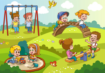 Obraz na płótnie Canvas Vector illustration of happy kids playing in playground