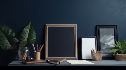 Fototapeta premium Creative desk with a blank picture frame or poster, desk objects, office supplies, books, and plant on a dark blue background