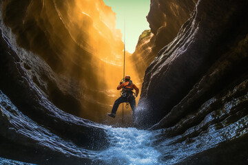 A man canyoning in the cliff near the waterfall - obrazy, fototapety, plakaty