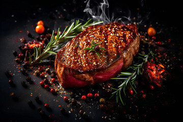 Fototapeta na wymiar Beef steak with spices on dark background. 