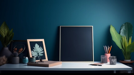 Creative desk with a blank picture frame or poster, desk objects, office supplies, books, and plant on a dark blue background