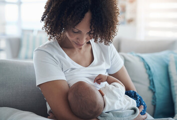 Love, living room and mother breastfeeding her baby for health, nutrition and wellness at home....