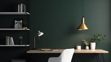 Home office desk with dark green wall and white table mock up