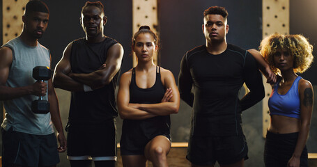 Fitness, gym and portrait of men and woman ready for exercise, training and workout class. Sports...