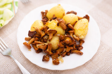 appetizing fried chanterelle mushrooms with new potatoes on white plate