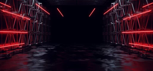 Sci Fi Futuristic Alien Spaceship Podium Tunnel Corridor Room Stage Glowing Laser Red Lights Wall Floor Cables And Devices Empty Space Showcase Garage 3D Rendering © IM_VISUALS