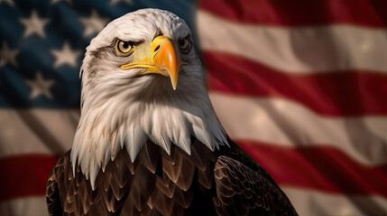 American bald eagle in focus with patriotic American flag background, Generative AI
