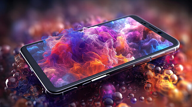 Cell phone showing AI creativity and technology, chat bot interacting in unique amazing ways with colorful expression, generative ai