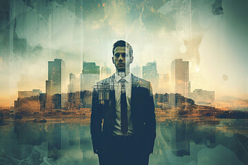 Businessman with city skyline, double exposure, male entrepreneur in suit