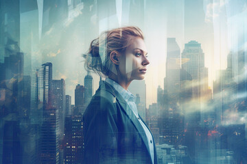 Business woman with city skyline, double exposure, powerful female entrepreneur, generative AI