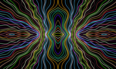 Colorful bright ornament of wavy lines. Composition in the form of an arbitrary multi-colored pattern on a black background. Vector illustration, EPS 10. For wallpaper, notepad, print design.